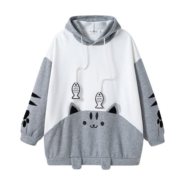Cat and Fish Gray Hoodie with Cat Ears and Tail