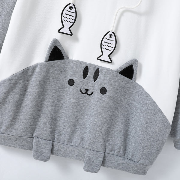 Cat and Fish Gray Hoodie with Cat Ears and Tail