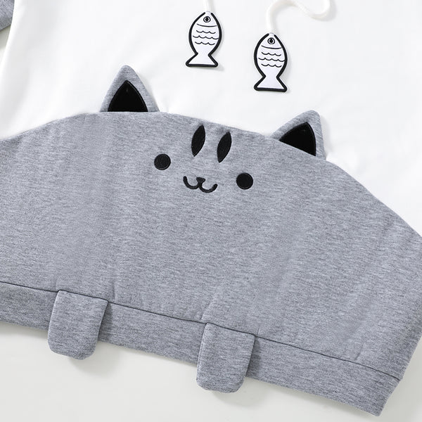 Cat and Fish Gray Hoodie with Cat Ears and Tail