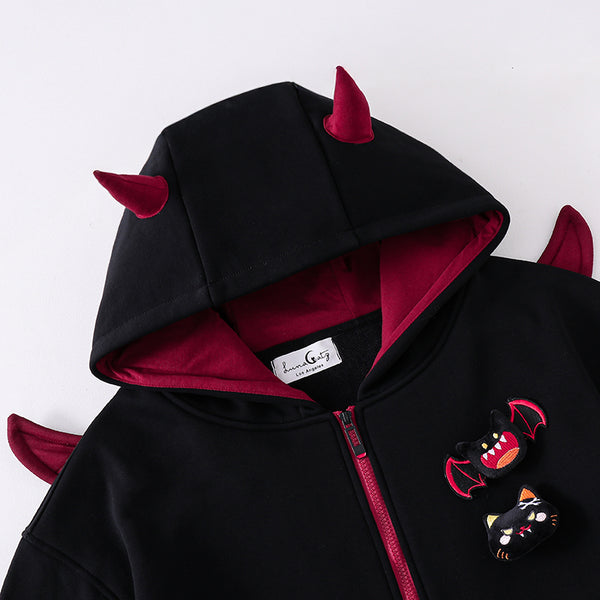 Horns & Hexes Devil Horn Zip Hoodie with Tail & Wings