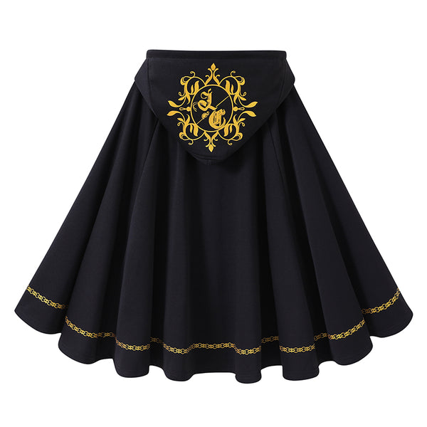 Gothic Black Cape with Gold Floral Prints and Hood