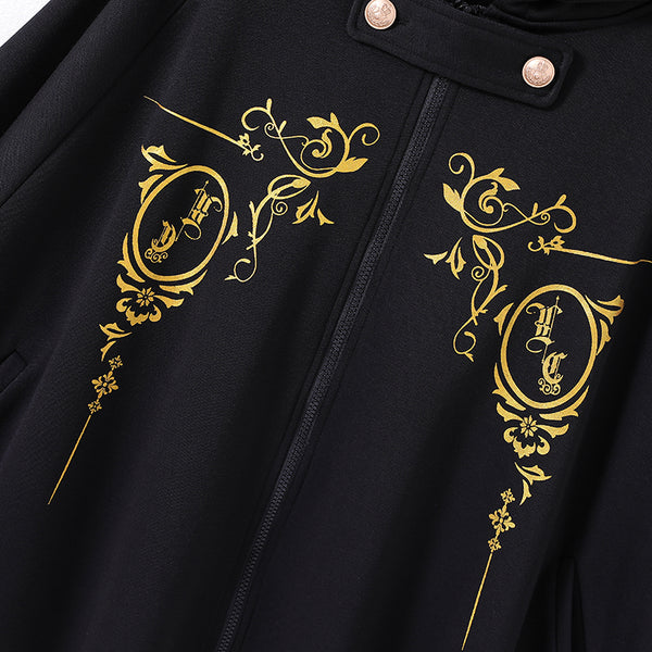 Gothic Black Cape with Gold Floral Prints and Hood