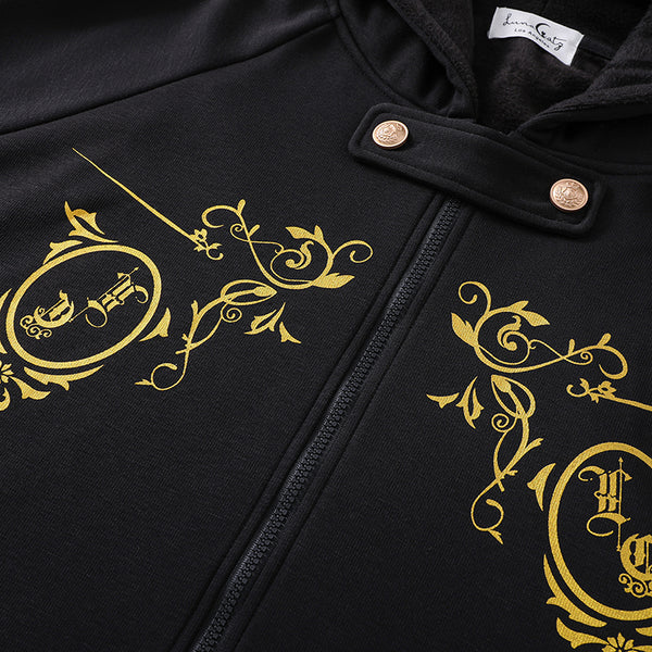 Gothic Black Cape with Gold Floral Prints and Hood