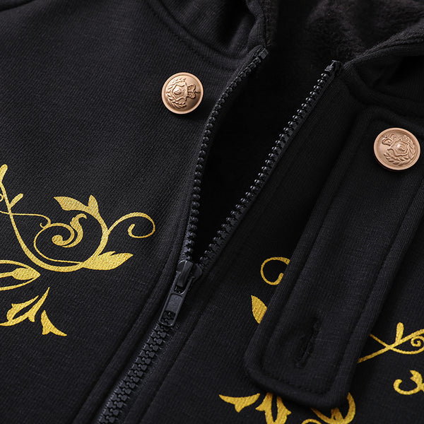 Gothic Black Cape with Gold Floral Prints and Hood