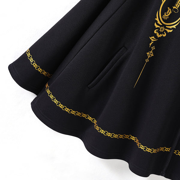 Gothic Black Cape with Gold Floral Prints and Hood