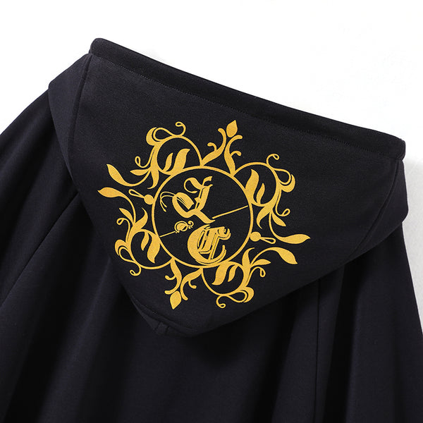 Gothic Black Cape with Gold Floral Prints and Hood