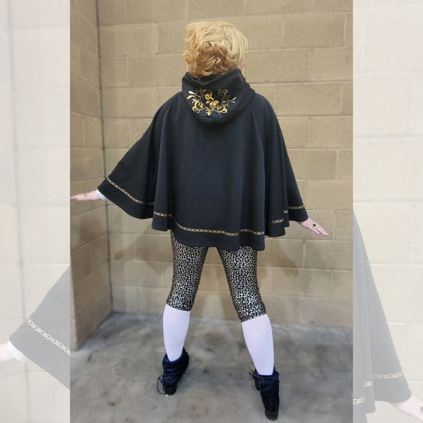 Gothic Black Cape with Gold Floral Prints and Hood