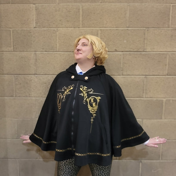 Gothic Black Cape with Gold Floral Prints and Hood