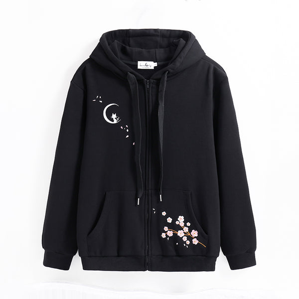 Hanami "See the Flowers" Black Zip Up Hoodie with Sakura and Cat Embroidery