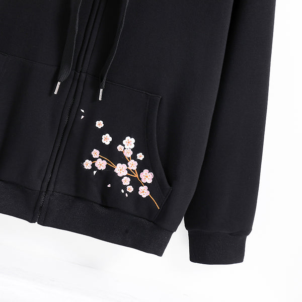 Hanami "See the Flowers" Black Zip Up Hoodie with Sakura and Cat Embroidery