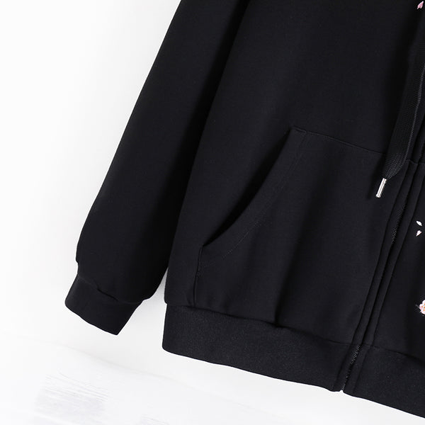Hanami "See the Flowers" Black Zip Up Hoodie with Sakura and Cat Embroidery