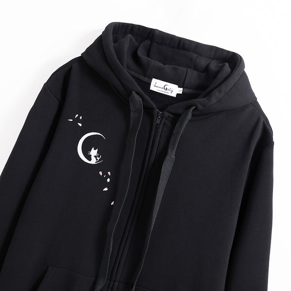 Hanami "See the Flowers" Black Zip Up Hoodie with Sakura and Cat Embroidery
