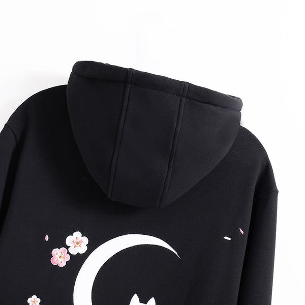 Hanami "See the Flowers" Black Zip Up Hoodie with Sakura and Cat Embroidery
