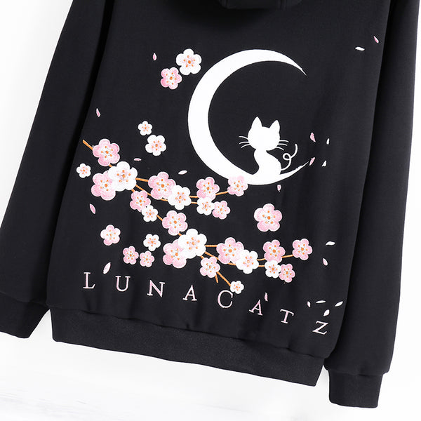 Hanami "See the Flowers" Black Zip Up Hoodie with Sakura and Cat Embroidery