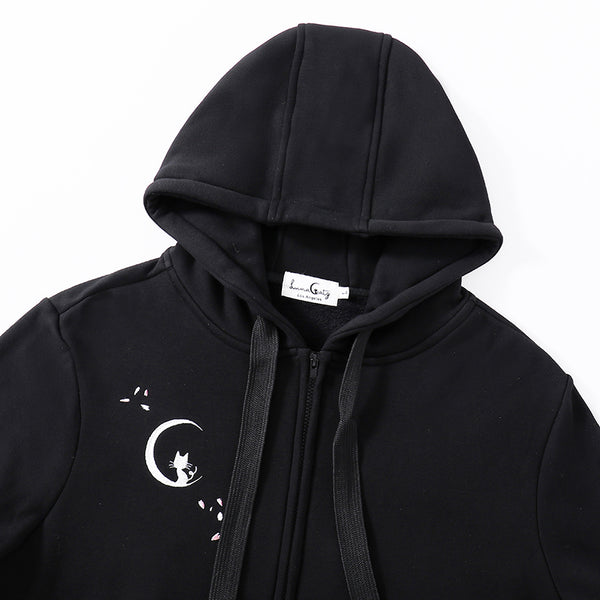 Hanami "See the Flowers" Black Zip Up Hoodie with Sakura and Cat Embroidery