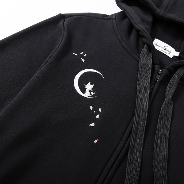 Hanami "See the Flowers" Black Zip Up Hoodie with Sakura and Cat Embroidery