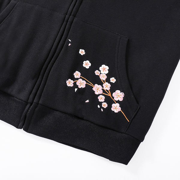 Hanami "See the Flowers" Black Zip Up Hoodie with Sakura and Cat Embroidery