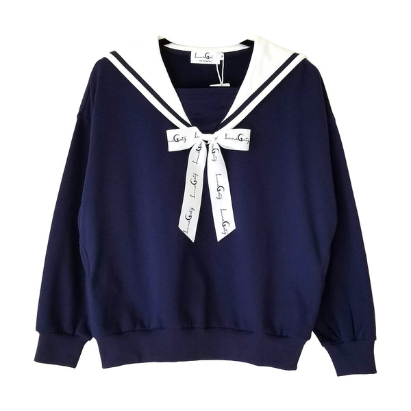 "Doki Doki" Heart Sailor Collar Sweatshirt - Navy