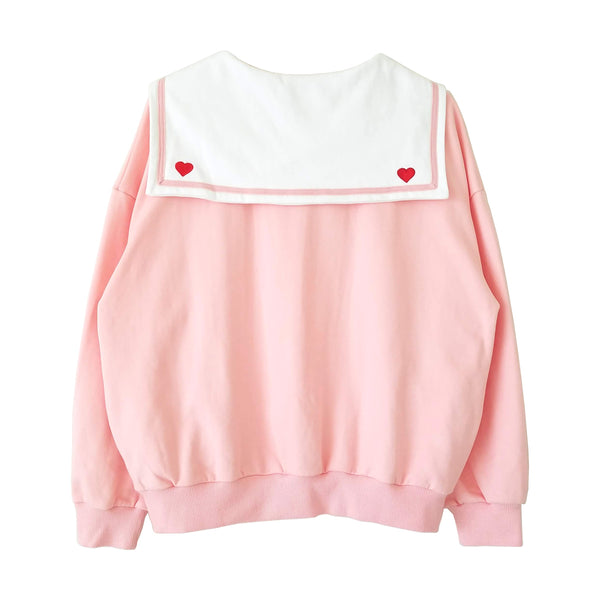 "Doki Doki" Heart Sailor Collar Sweatshirt - Pink