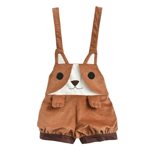 Smiling Corgi Corduroy Overall Shorts in Brown
