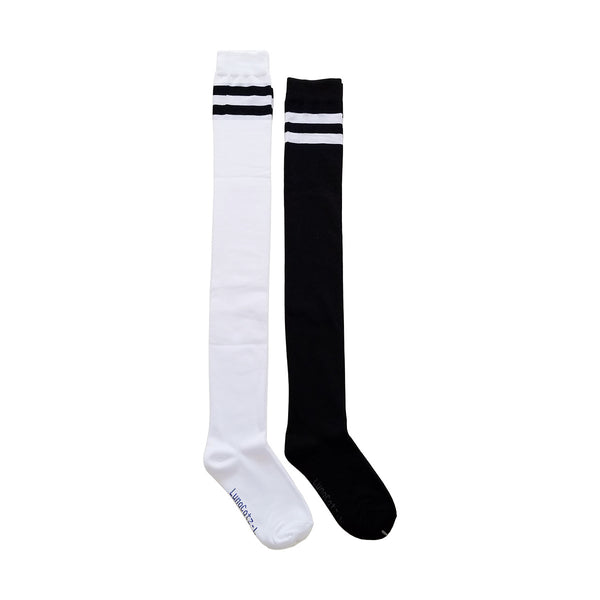 Extra Long Double Striped Thigh High Socks in Black