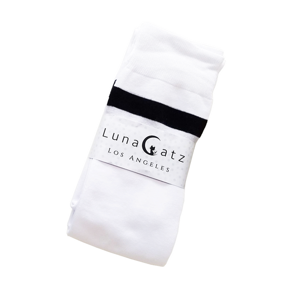 Extra Long Double Striped Thigh High Socks in White