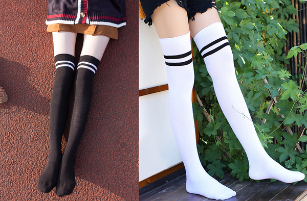 Extra Long Double Striped Thigh High Socks in White
