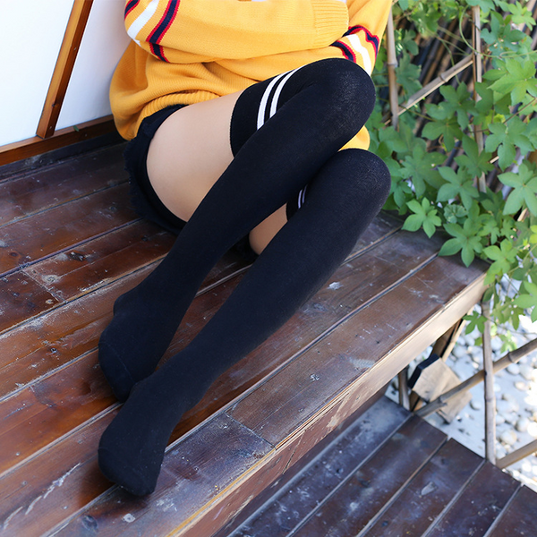 Extra Long Double Striped Thigh High Socks in Black