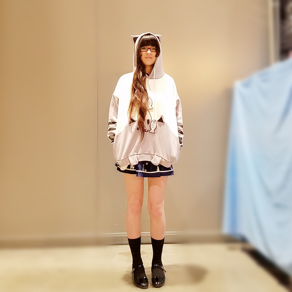 Cat and Fish Gray Hoodie with Cat Ears and Tail