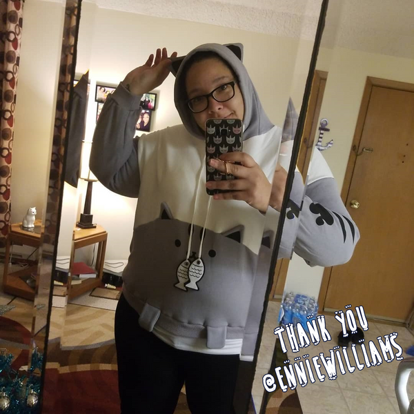 Cat and Fish Gray Hoodie with Cat Ears and Tail