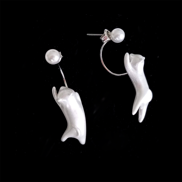 "Hanging Catz" Earrings - (Pearl White || Solid White) with Sterling Silver Studs