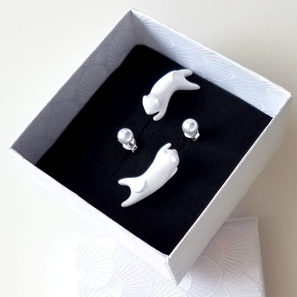 "Hanging Catz" Earrings - (Pearl White || Solid White) with Sterling Silver Studs