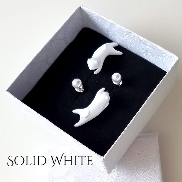 "Hanging Catz" Earrings - (Pearl White || Solid White) with Sterling Silver Studs