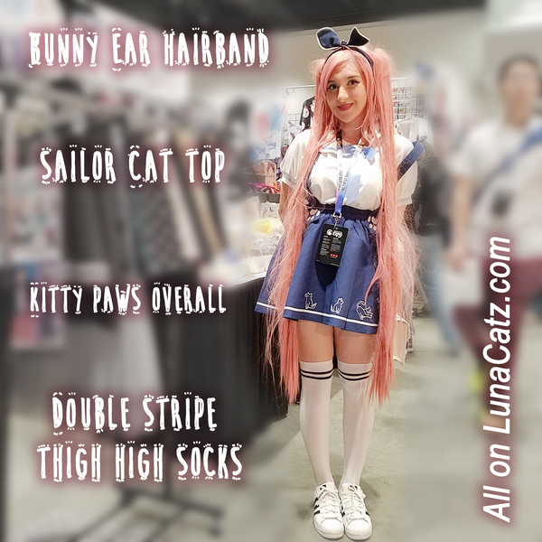 Extra Long Double Striped Thigh High Socks in Black