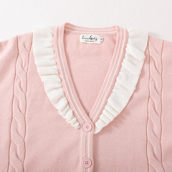 Flower Dream Ruffled Collar Cardigan in Pink