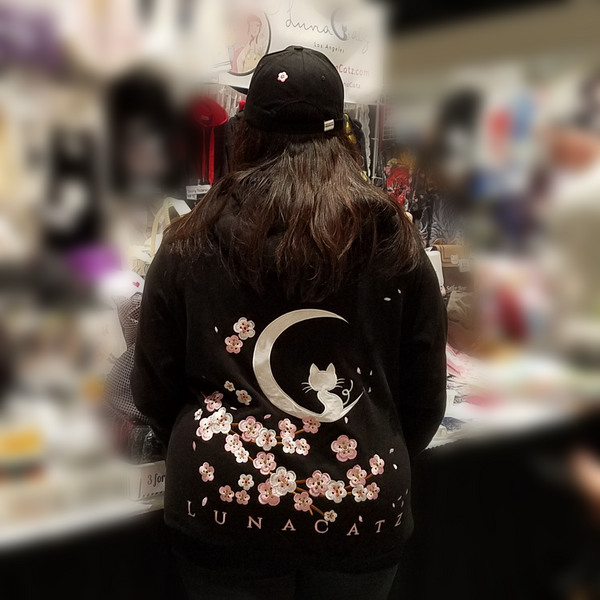 Hanami "See the Flowers" Black Zip Up Hoodie with Sakura and Cat Embroidery