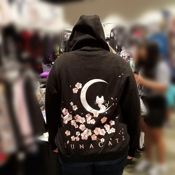 Hanami "See the Flowers" Black Zip Up Hoodie with Sakura and Cat Embroidery