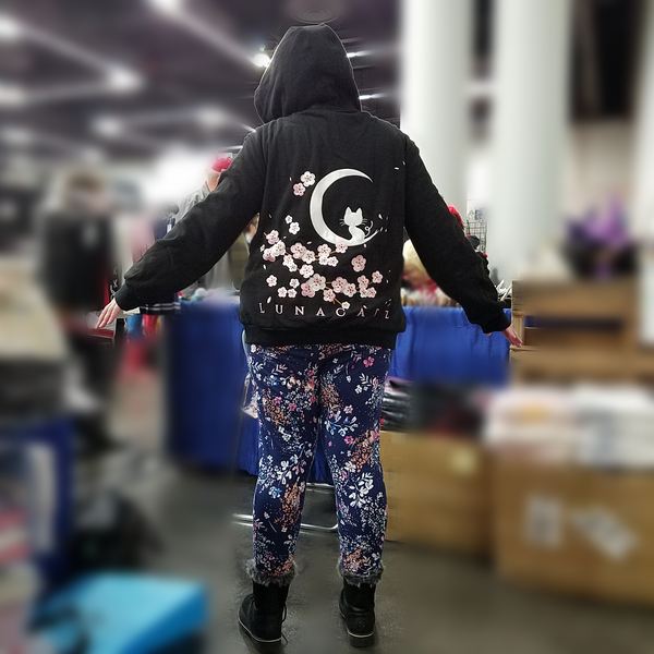 Hanami "See the Flowers" Black Zip Up Hoodie with Sakura and Cat Embroidery