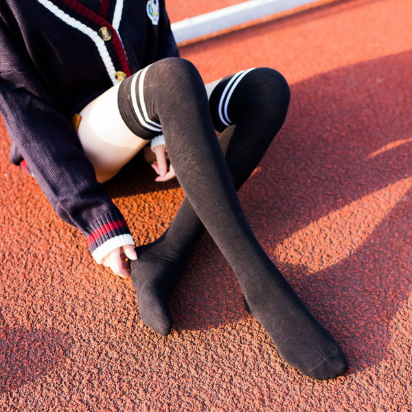 Extra Long Double Striped Thigh High Socks in Black