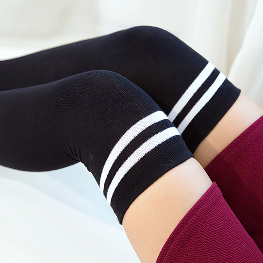 Extra Long Double Striped Thigh High Socks in Black