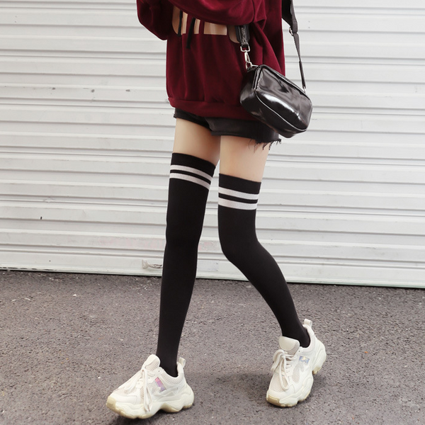 Extra Long Double Striped Thigh High Socks in Black LunaCatz