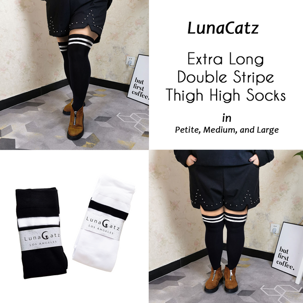 Extra Long Double Striped Thigh High Socks in Black