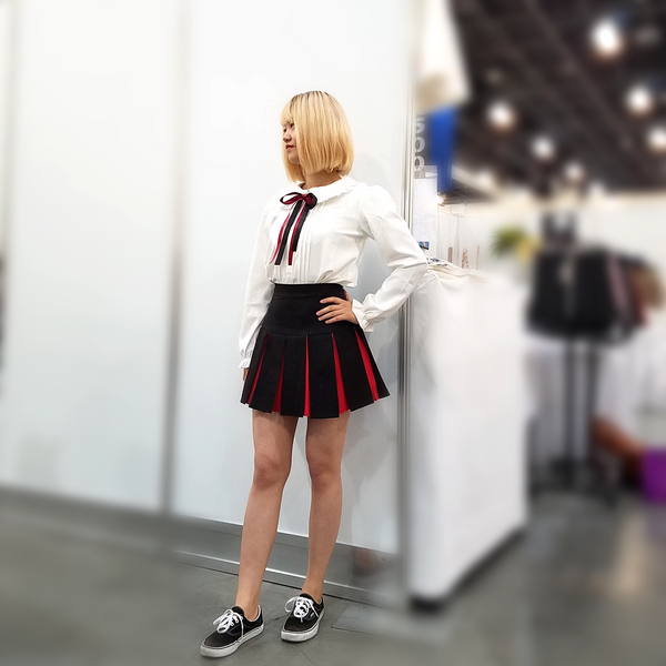 "White Truffle" Button-Up Peter Pan Collar Chiffon Blouse with Satin Bow