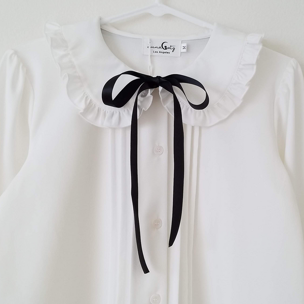 "White Truffle" Button-Up Peter Pan Collar Chiffon Blouse with Satin Bow
