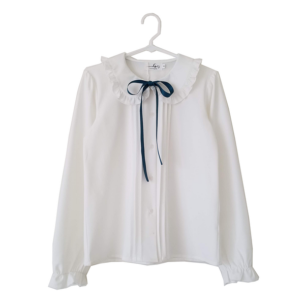 "White Truffle" Button-Up Peter Pan Collar Chiffon Blouse with Satin Bow