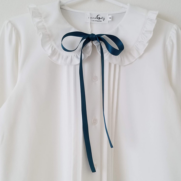 "White Truffle" Button-Up Peter Pan Collar Chiffon Blouse with Satin Bow