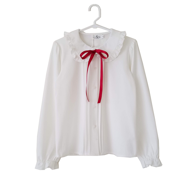 "White Truffle" Button-Up Peter Pan Collar Chiffon Blouse with Satin Bow