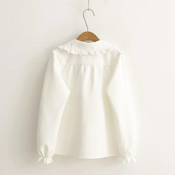 "White Truffle" Button-Up Peter Pan Collar Chiffon Blouse with Satin Bow