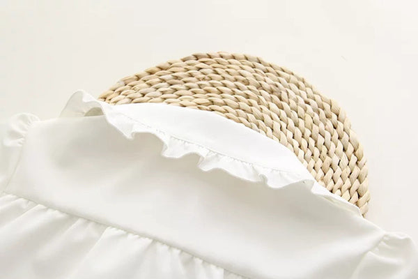 "White Truffle" Button-Up Peter Pan Collar Chiffon Blouse with Satin Bow