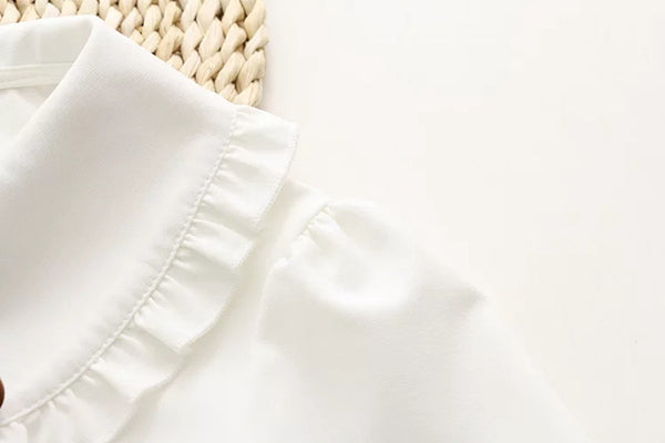 "White Truffle" Button-Up Peter Pan Collar Chiffon Blouse with Satin Bow